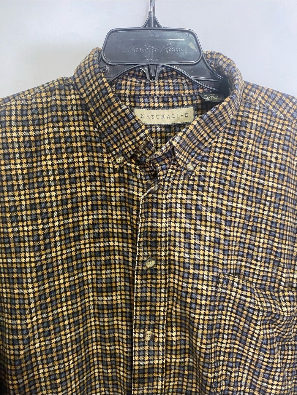 NATURAL LIFE Men's Plaid Button-Down XL Shirt Orange Navy Lightweight Corduroy